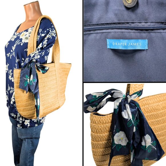 Draper James Woven Natural Raffia Jute Medium Lined Tote Bag w/Twilly Scarf - Picture 8 of 8